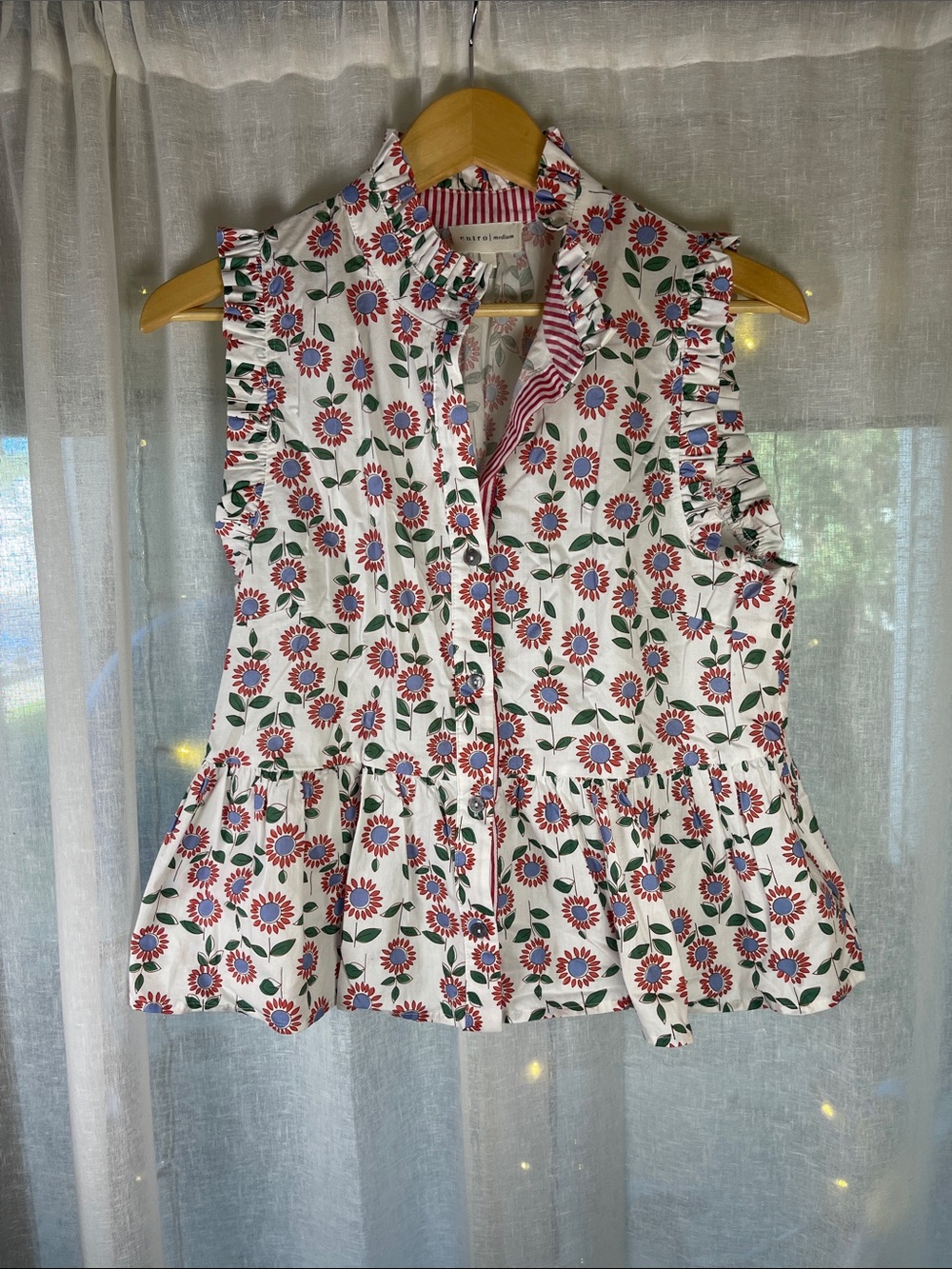entro White Floral Ruffle Peplum Blouse with Red & Green Print